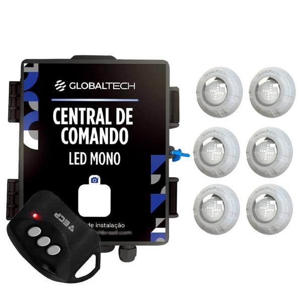 Imagem de Kit 6 Led Piscina Monocromático 9W + Central + Controle - Luxpool