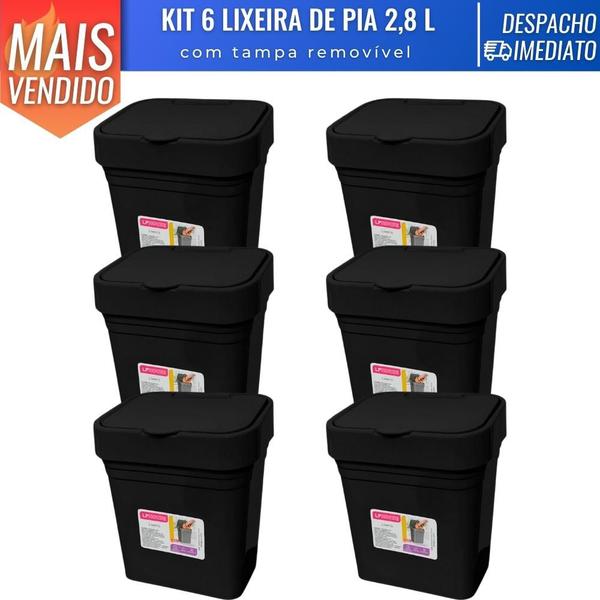 Imagem de Kit 6 Lixeira de Pia C/ Tampa Removível Plástica 2,8L Banheiro Cozinha