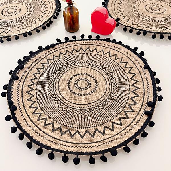 Imagem de Kit 6 Lugar Jogo Americano Renda Juta Boho Chic Supla de Mesa Posta Modelo A Preto