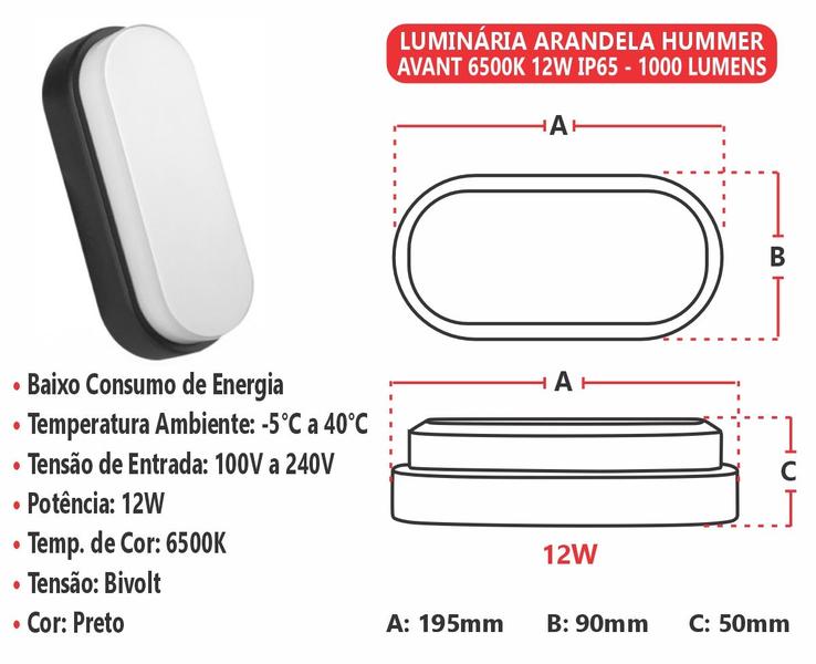 Imagem de Kit 6 Luminária Tartaruga Led Parede 12w Avant 6500k Preto