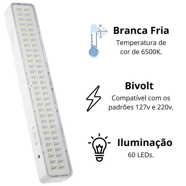 Imagem de Kit 6 Luzes Emergencial Luminaria De Emergência Bivolt 127v 220v Branca Fria 60 Leds 6500k Iluminação Recarregavel