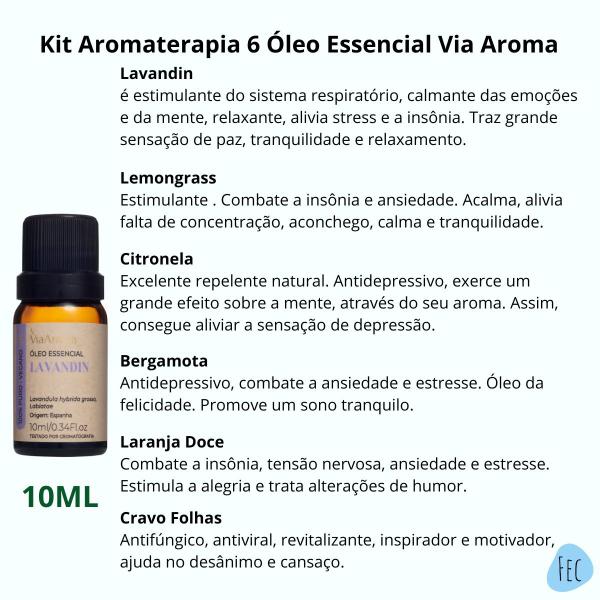 Imagem de Kit 6 Óleos Essenciais Via Aroma Natural e Puro 10ml Aromaterapia