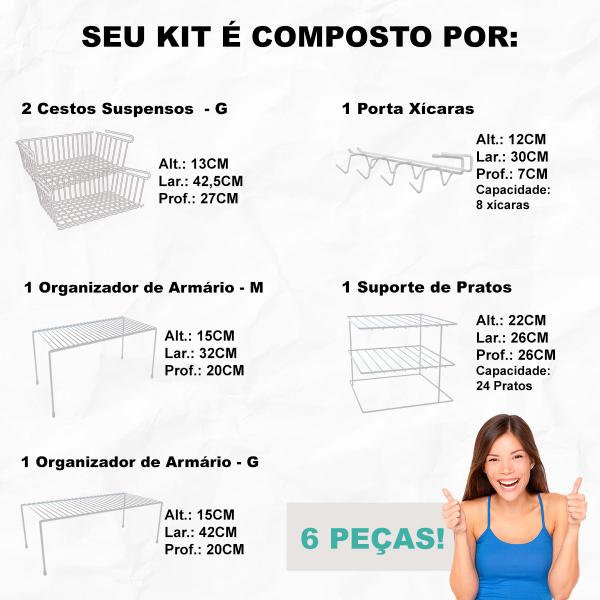 Imagem de Kit 6 Organizadores para Cozinha DiCarlo Armário Prateleira Aço Reforçado