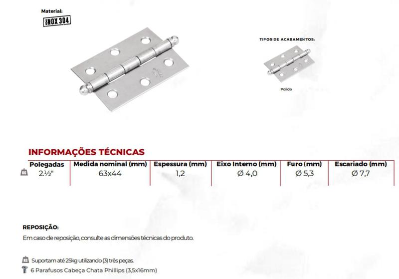 Imagem de Kit 6 Pç Dobradiça Inox Porta 2,5 Polegada (63x44 Mm) Mahler - mahler inox