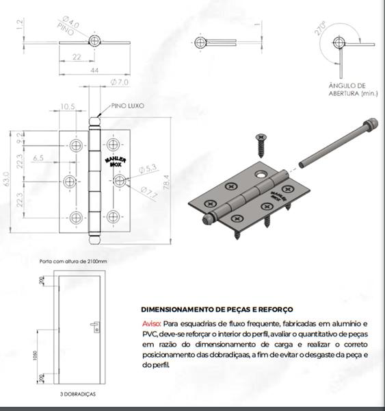 Imagem de Kit 6 Pç Dobradiça Inox Porta 2,5 Polegada (63x44 Mm) Mahler