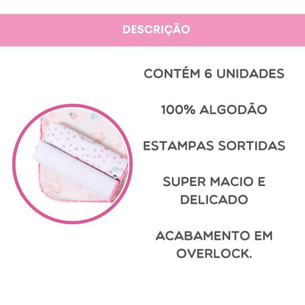 Imagem de Kit 6 pçs Pano de Boca Bebe Toalha Soft Fraldinha Menina Babete 100% Algodão 40x40 Rosa Karinho Papi