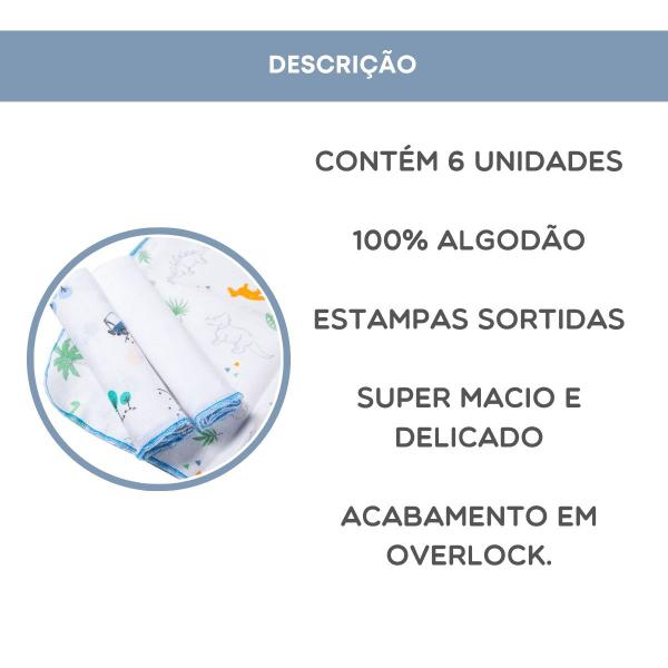 Imagem de Kit 6 pçs Pano de Boca Bebe Toalhinha Soft Fraldinha Babete 100% Algodão Menino 40x40cm Azul Karinho