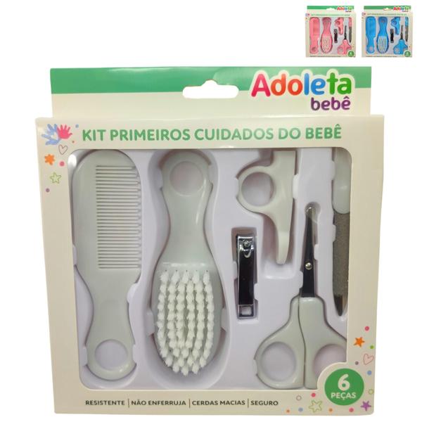 Imagem de Kit 6 Peças Higiene do Bebê Adoleta Escova Pente Tesourinha Lixa Cortador de unhas Infantil