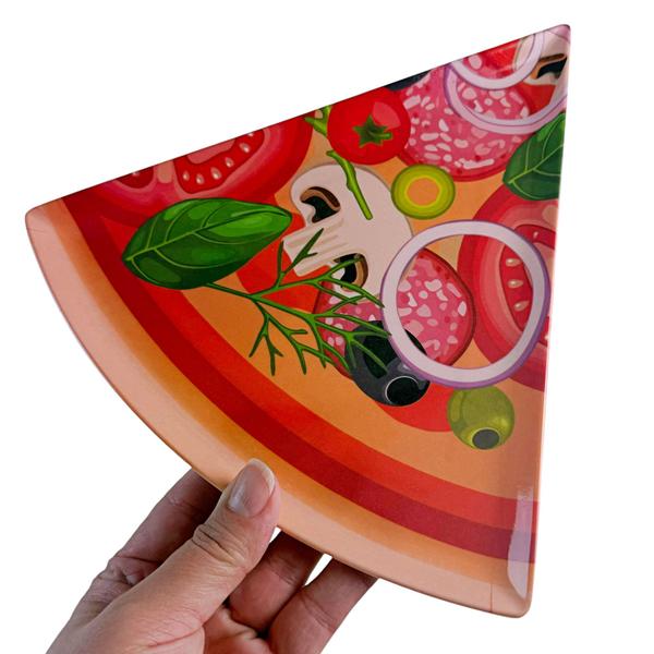 Imagem de  Kit 6 Peças Prato para Servir Pizza Triangulo Triangular Decorado Formato Fatia