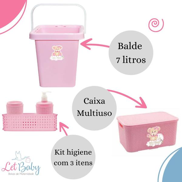 Imagem de Kit 6 peças Quarto Bebê kit Higiene Cesto Organizador Caixa Rattan Lixeira Balde Infantil