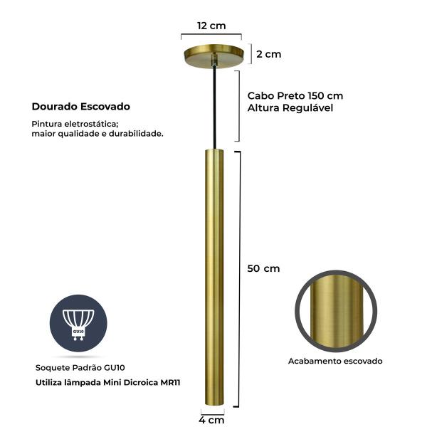 Imagem de Kit 6 Pendente Luminária Tubo Dourado 50 Cm + Lâmpada LED Branco Quente