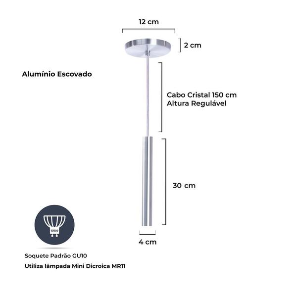 Imagem de Kit 6 Pendente Tubo Alumínio Escovado 30cm LED Branco Quente