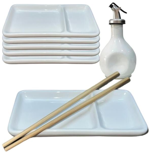 Imagem de Kit 6 Pessoas Oriental com Prato Divisória para Shoyu Porcelana Branca de Alta Qualidade