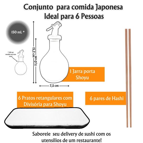 Imagem de Kit 6 Pessoas Oriental Sushi Porcelana Creme Comida Japonesa Prato e Jarra Shoyu