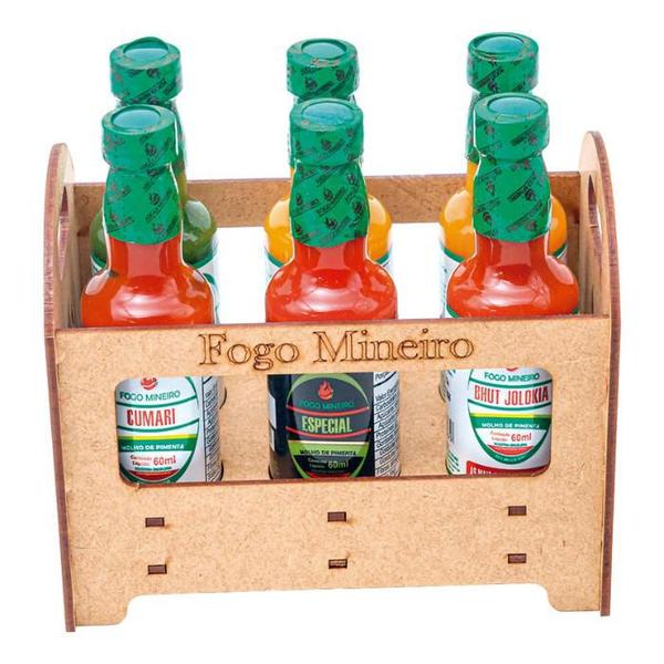 Imagem de Kit 6 Pimenta Molho 60ml Na Caixinha De Madeira Fogo Mineiro