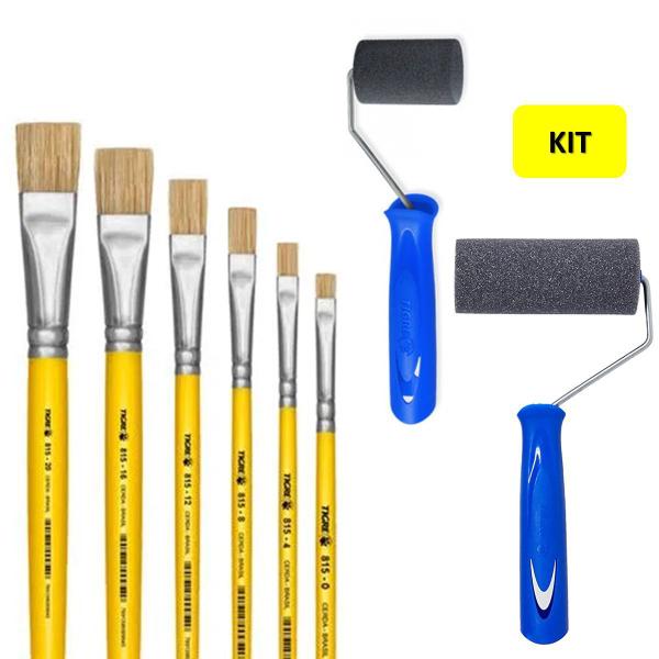 Imagem de Kit 6 Pincéis Chato + 2 Rolos para Pintura Tigre para Artesanato em Madeira Telas Parede Metal