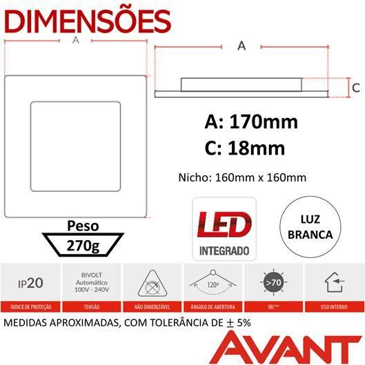 Imagem de Kit 6 Plafon Led Quadrado Embutir 12w 17x17cm Branco Frio