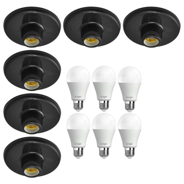 Imagem de Kit 6 Plafonier Plafon Soquete E27 Preto 6 Lâmpada Led 9W