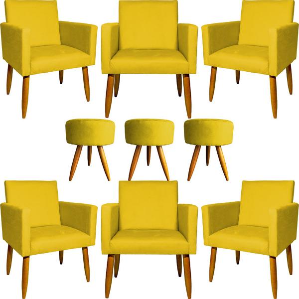 Imagem de Kit 6 Poltrona Decorativa Confortável Para Recepção + 3 Puff Suede Amarelo - Clique e Decore