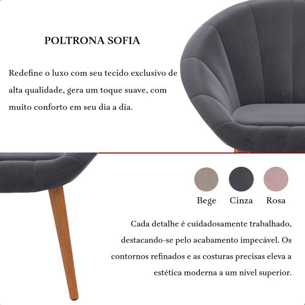 Imagem de Kit 6 Poltrona Sala Decorativa Sofia Veludo Cinza Pés Palito Castanho