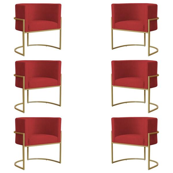 Imagem de Kit 6 Poltronas Decorativa Sala de Estar Luana Base Gold Suede Vermelho - Montanaris Decor