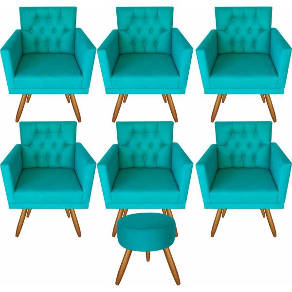 Imagem de Kit 6 Poltronas Decorativas Capitonê E Puff Azul Turqueza