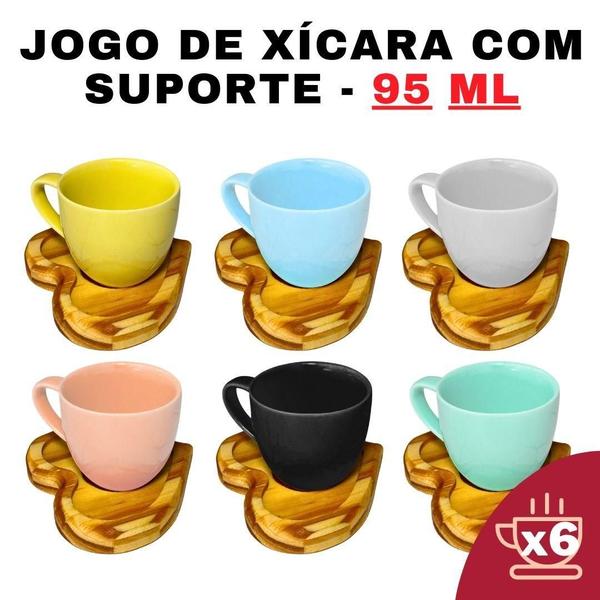 Imagem de Kit 6 Porta Xícaras Coração em Porcelana - 6 Cores 95ml  - Jogo de Chá e Café - Variadas