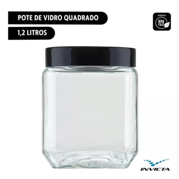 Imagem de Kit 6 Pote 1,2L Recipiente Vidro Quadrado Invicta Preto