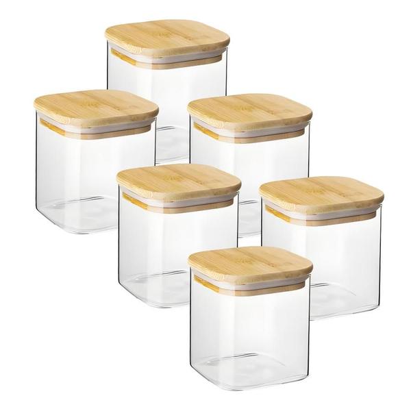 Kit 6 Pote Hermético Mantimento Armazenamento De Vidro Com Tampa de Bambu 550mL - Casita Imagem de Kit 6 Pote Hermético Mantimento Armazenamento De Vidro Com Tampa de Bambu 550mL