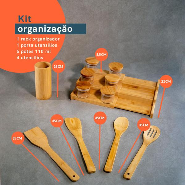 Imagem de Kit 6 Potes 110mL Tampa Bambu, Rack Organizador e 4 Utensílios - Oikos