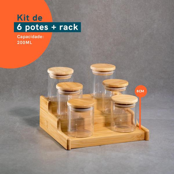 Imagem de Kit 6 Potes 200mL Tampa Bambu e Rack Organizador Bambu- Oikos