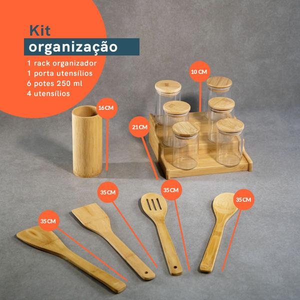 Imagem de Kit 6 Potes 250mL, Rack Organizador e 4 Utensílios Bambu - Oikos