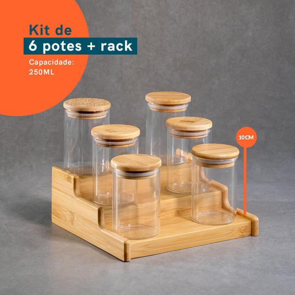 Imagem de Kit 6 Potes 250mL Tampa Bambu e Rack Organizador Bambu - Oikos