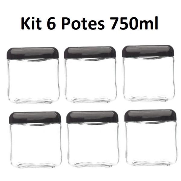 Imagem de Kit 6 Potes 750ml Recipiente Vidro Quadrado Invicta Preto