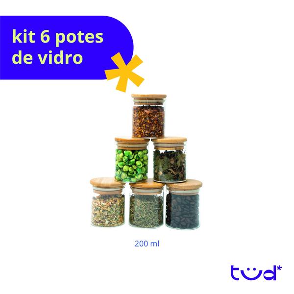 Imagem de Kit 6 potes de vidro 200ml tampa de bambu herméticos - Tüd