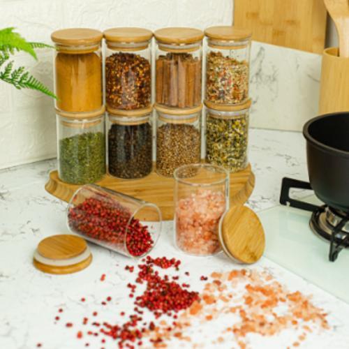 Kit 6 Potes de Vidro Hermético com Tampa de Bambu 200ml Alimentos Mantimentos - Becca Home Imagem de Kit 6 Potes de Vidro Hermético com Tampa de Bambu 200ml Alimentos Mantimentos