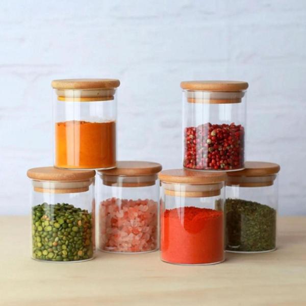 Kit 6 Potes de Vidro Hermético com Tampa de Bambu 200ml Alimentos Mantimentos - Becca Home Imagem de Kit 6 Potes de Vidro Hermético com Tampa de Bambu 200ml Alimentos Mantimentos