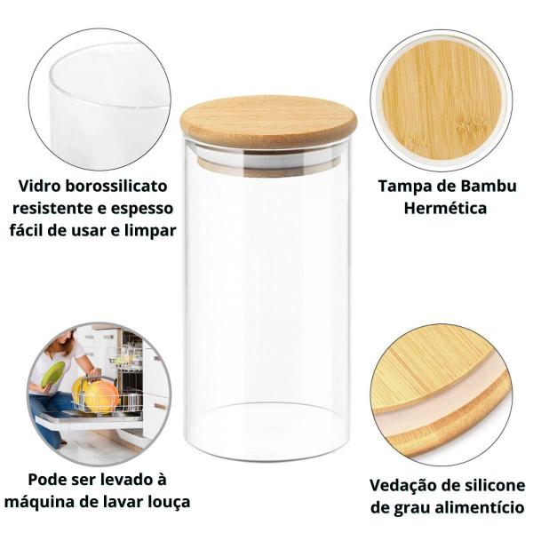 Imagem de Kit 6 Potes De Vidro Hermetico Tempero Tampa De Bambu 300ml