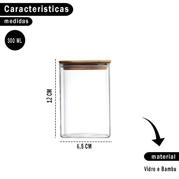 Imagem de Kit 6 Potes Multiuso Herméticos Organizadores de Vidro Com Tampa Bambu Condimentos Temperos Transparente 300ml PF08 B1