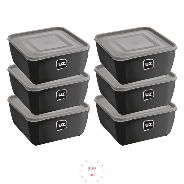 Kit 6 Potes Plastico Preto Quadrado 1,5L Linha Gourmet - UZ Imagem de Kit 6 Potes Plastico Preto Quadrado 1,5L Linha Gourmet