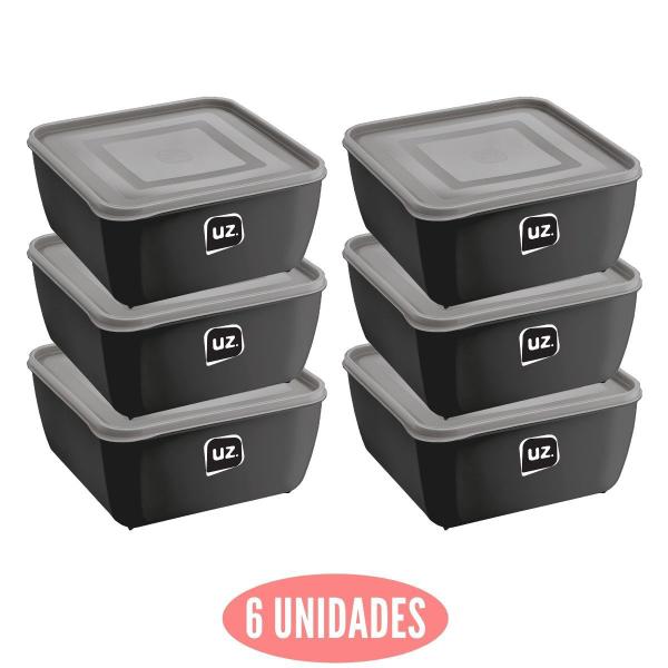 Kit 6 Potes Plastico Preto Quadrado 1,5L Linha Gourmet - UZ Imagem de Kit 6 Potes Plastico Preto Quadrado 1,5L Linha Gourmet