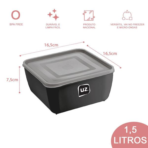 Kit 6 Potes Plastico Preto Quadrado 1,5L Linha Gourmet - UZ Imagem de Kit 6 Potes Plastico Preto Quadrado 1,5L Linha Gourmet