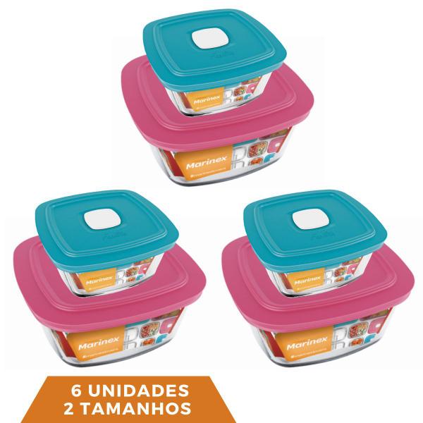 Imagem de Kit 6 Potes Quadrado Vidro 300ml 500ml Nadir Marinex