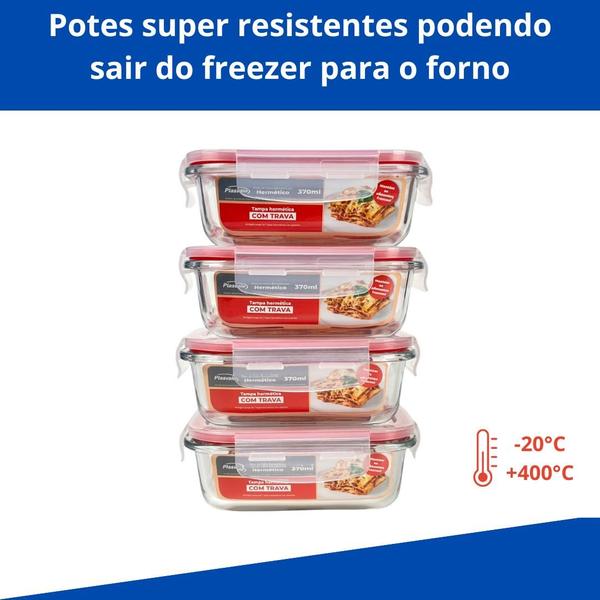 Imagem de Kit 6 potes vidro hermético retangular. 370 ml