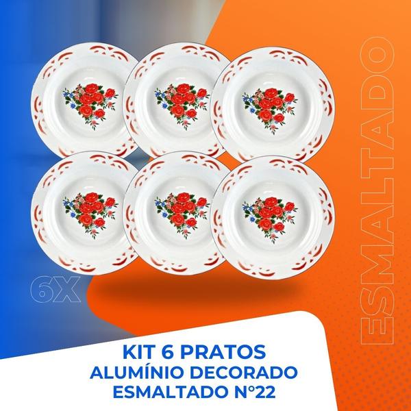 Imagem de Kit 6 Pratos Aluminio Esmaltados Rústico Decorado 22cm Yangzi