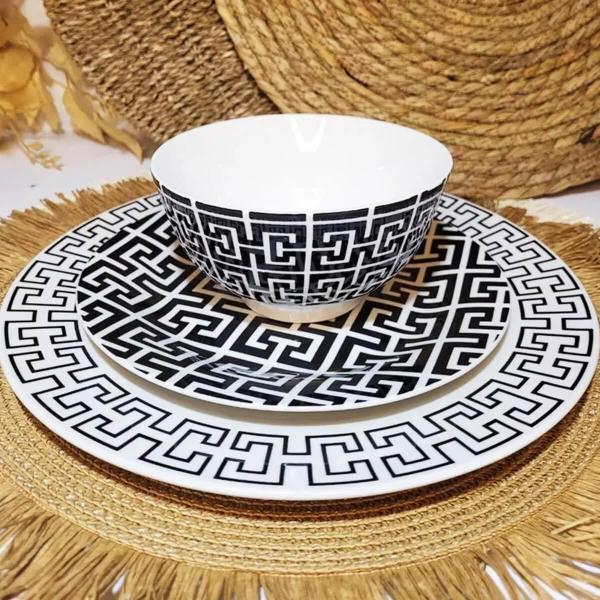 Imagem de Kit 6 Pratos de Sobremesa Porcelana 19,5cm Egypt Lyor Decorado Preto e Branco