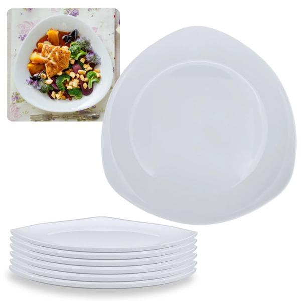 Imagem de Kit 6 Pratos Rasos Brancos 21,6 Cm Triangular + Saladeira Centro de Mesa Melamina / Plastico  Bestfer 