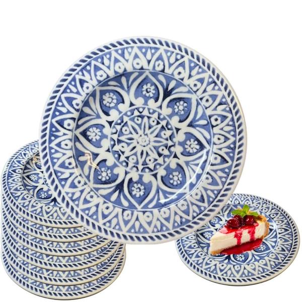 Imagem de Kit 6 Pratos Sobremesa Melamina 21cm Decorado Azul Material Que Não Quebra Não Risca Casa Mesa Restaurante Piscina