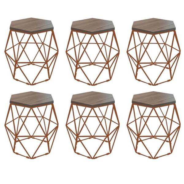 Imagem de Kit 6 Puff Banqueta Luna Decorativo Sala Quarto Ferro Bronze Assento MDF Caramelo - Ahazzo Móveis