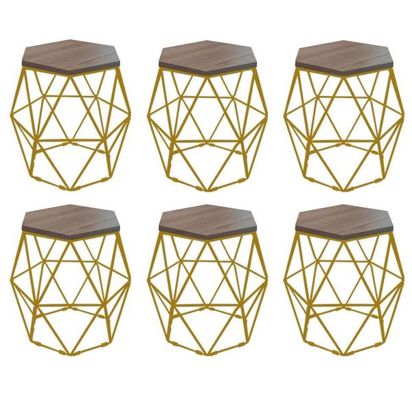 Imagem de Kit 6 Puff Banqueta Luna Decorativo Sala Quarto Ferro Dourado Assento MDF Rústico - Ahazzo Móveis